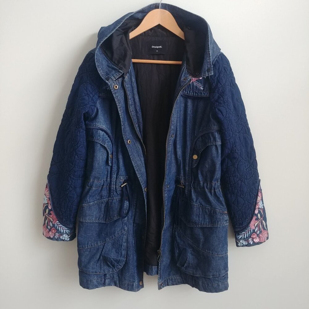 Desigual cotton denim embroidered parka style jacket blue quilted sleeves 10 - Picture 11 of 16
